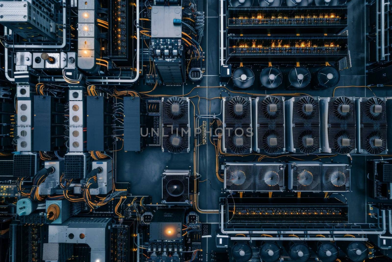 Overhead view capturing the complex layout of a sprawling data center during the evening hours.