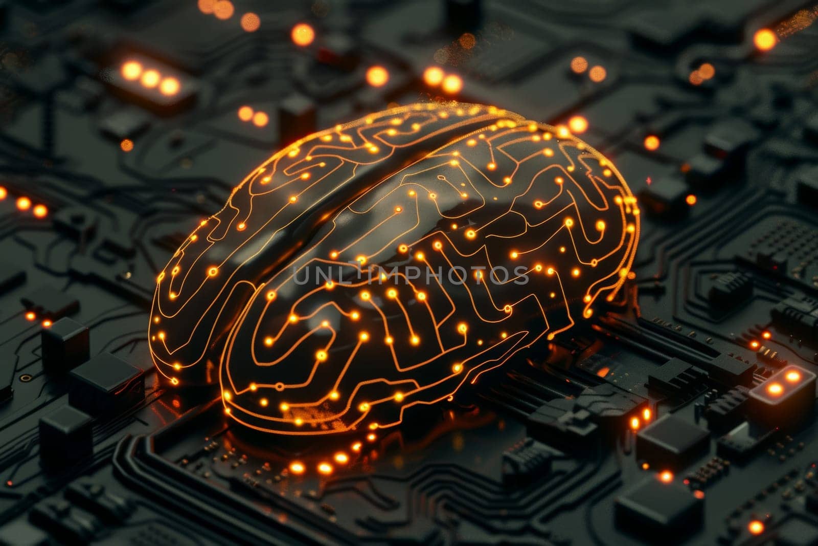 A computer circuit board designed in the shape of a brain, emitting a vibrant glow, symbolizing the fusion of technology and human intelligence.