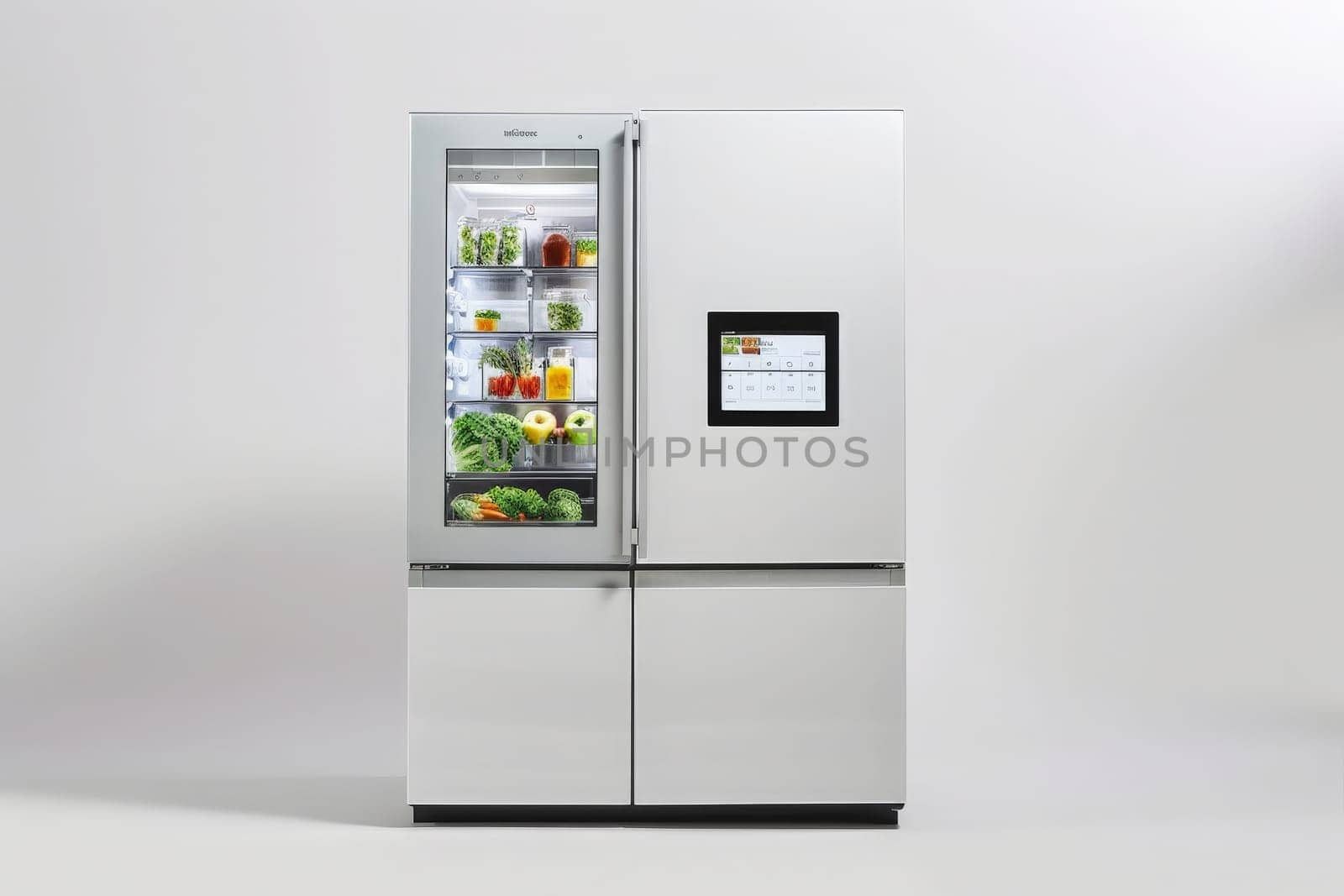 A fully stocked high-tech refrigerator brimming with an array of fresh food and beverages.