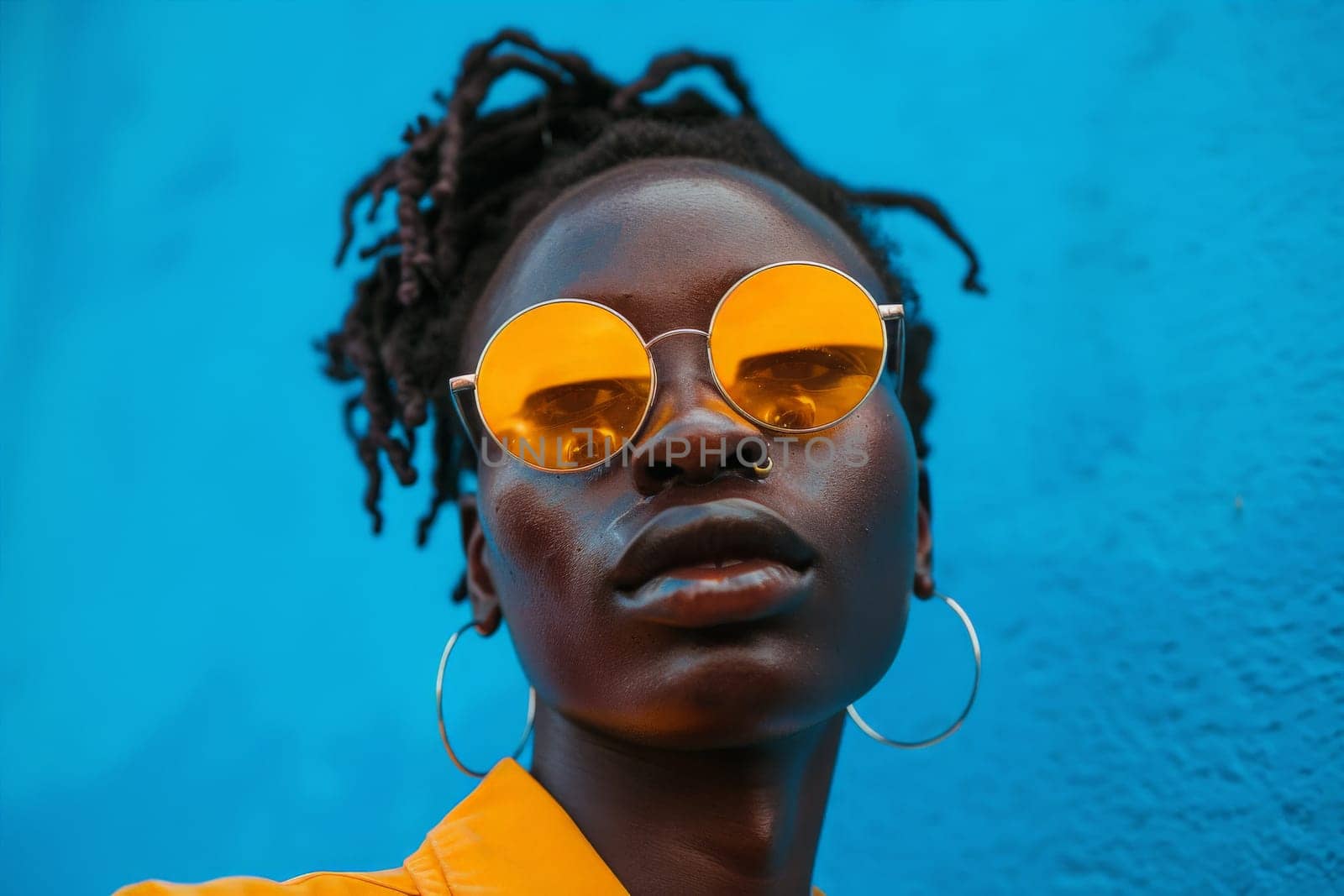 A woman styled in a yellow shirt and yellow sunglasses, radiating a bright and colorful energy.