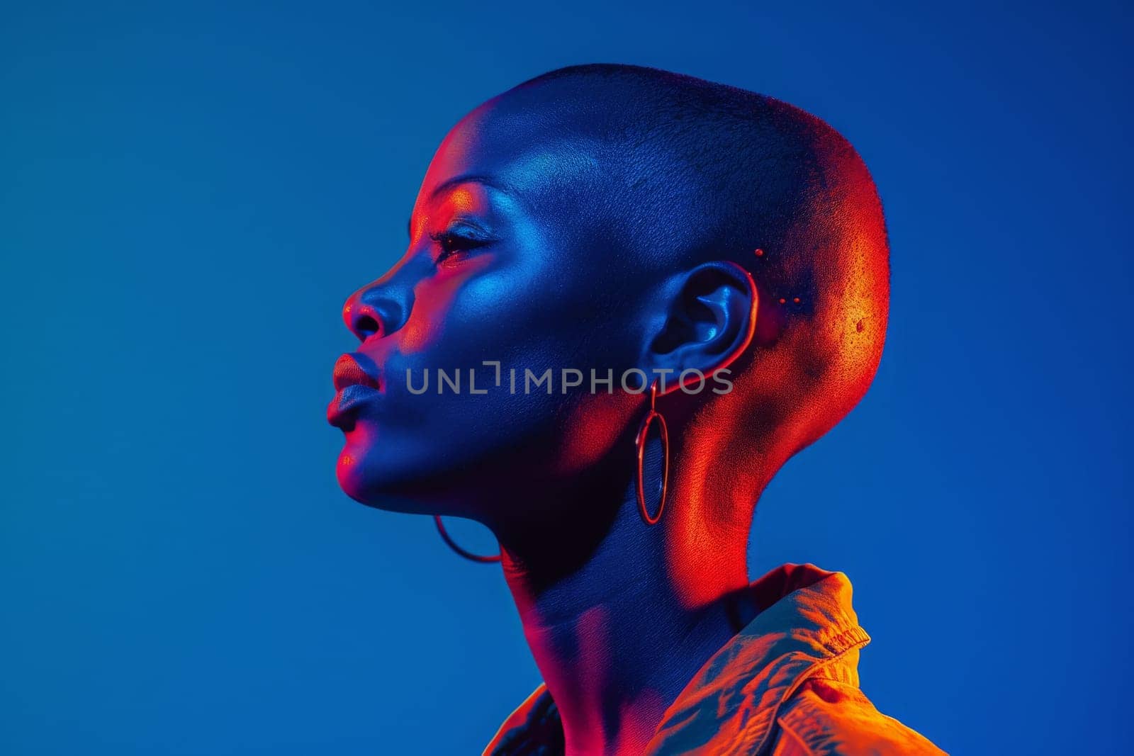 A woman bathed in striking blue and red lighting, creating a mesmerizing contrast on her face.