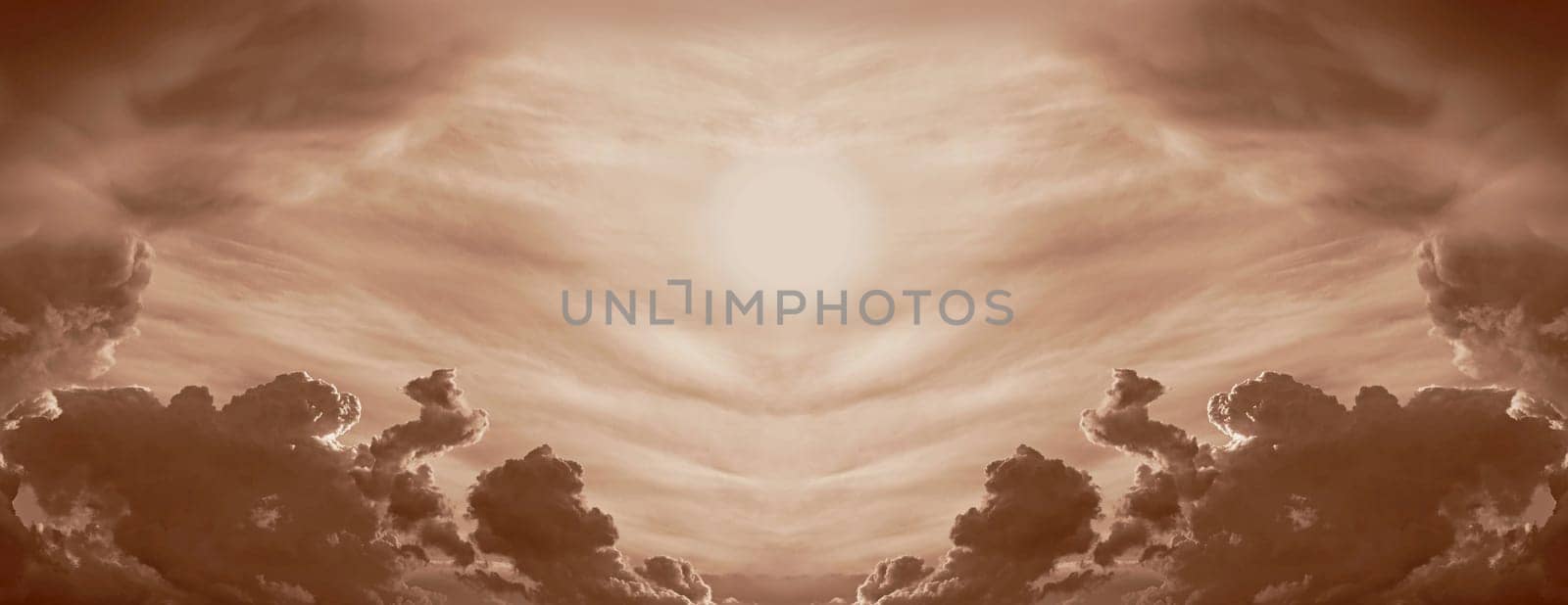 A beautiful mirrored cloudscape with sun in Peach Fuzz