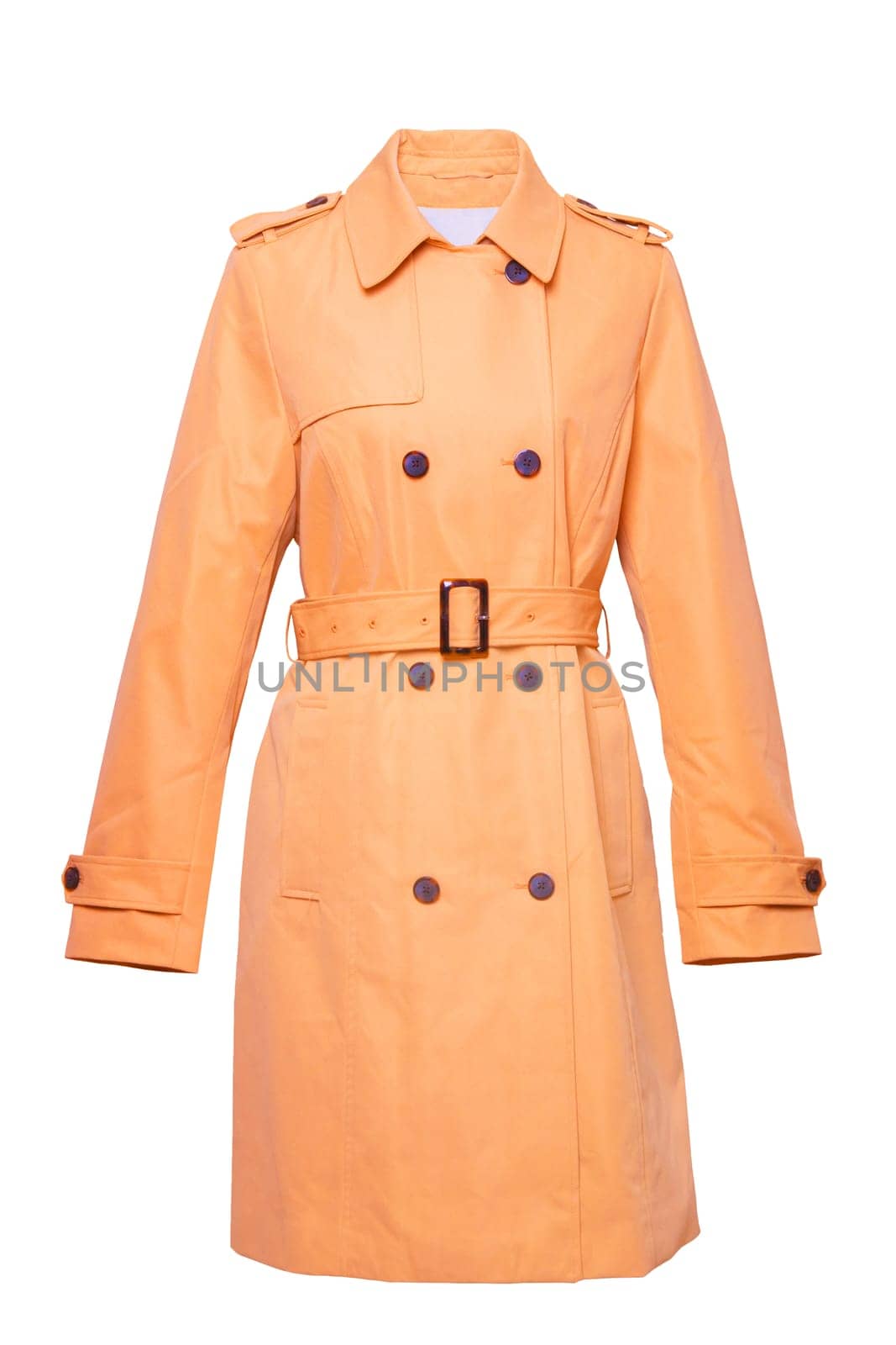 Woman coat isolated. A luxurious and stylish elegant female orange yellow  trenchcoat on mannequin isolated on a white background. Trench coat for spring and summer fashion.