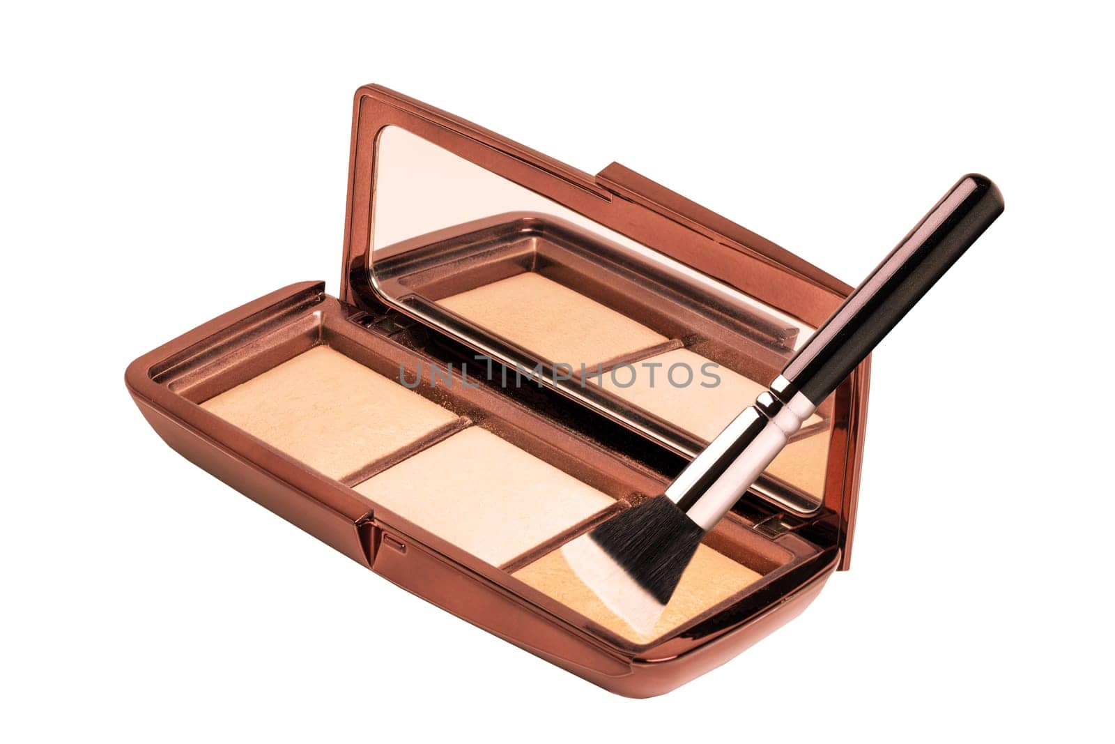 Cosmetic products isolated. Close-up of a elegant cosmetic multi-color box with mirror, eye shadows powder and a eye shadow brush isolated on a white background. Macro.