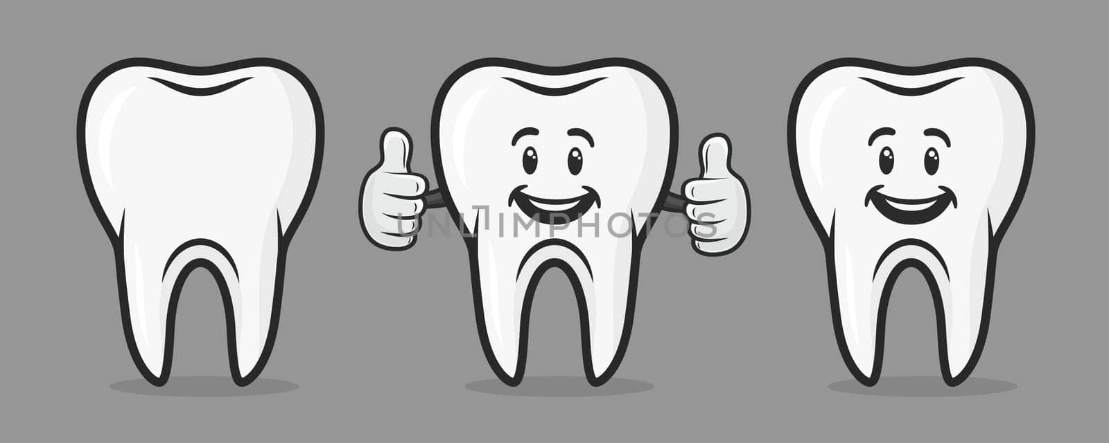 Vector Cute and Friendly Cartoon Tooth Character. Design Template for Promoting Dental Care and Toothpaste. Healthy Oral Hygiene Concept. The Smiling Tooth Character Showing Hand Gesture LIKE.