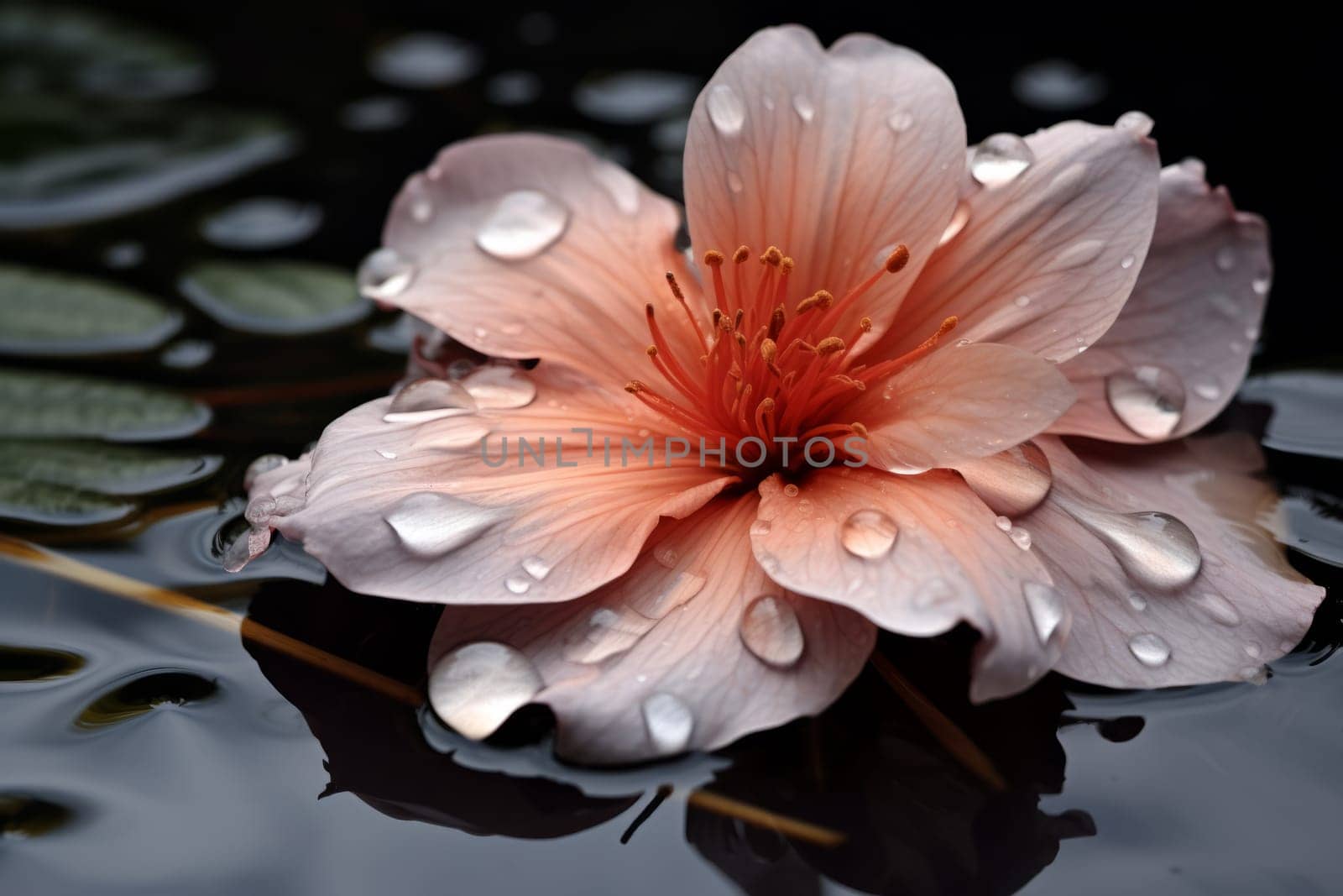 A close up reflection of a rain soaked flower petal on a gray day