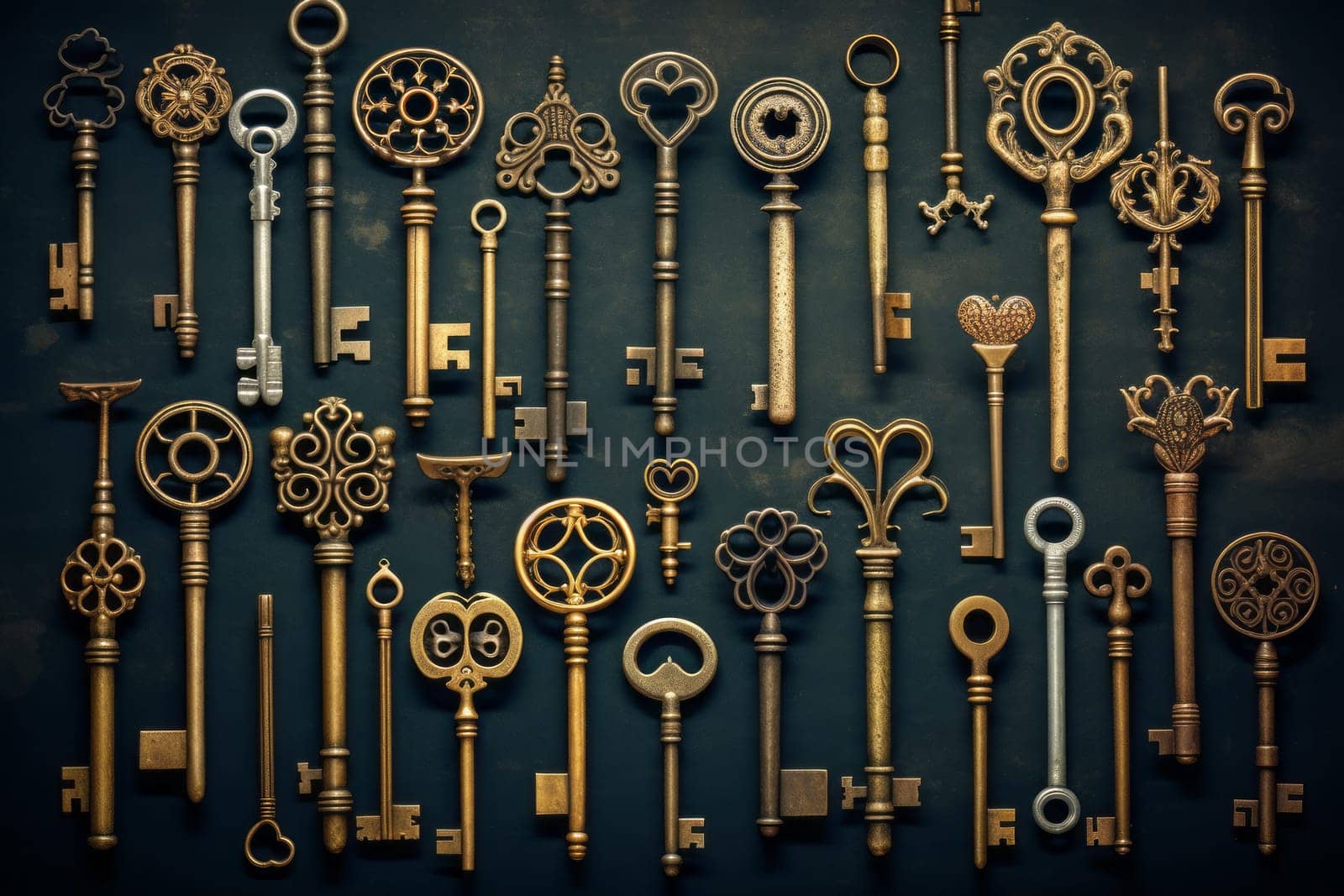 A collection of vintage keys of various shapes and sizes