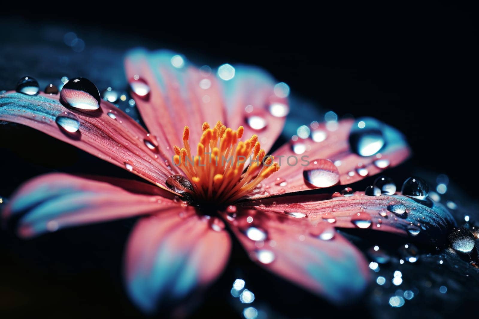 A close up of a single raindrop on a flower petal, symbolizing life's persistence