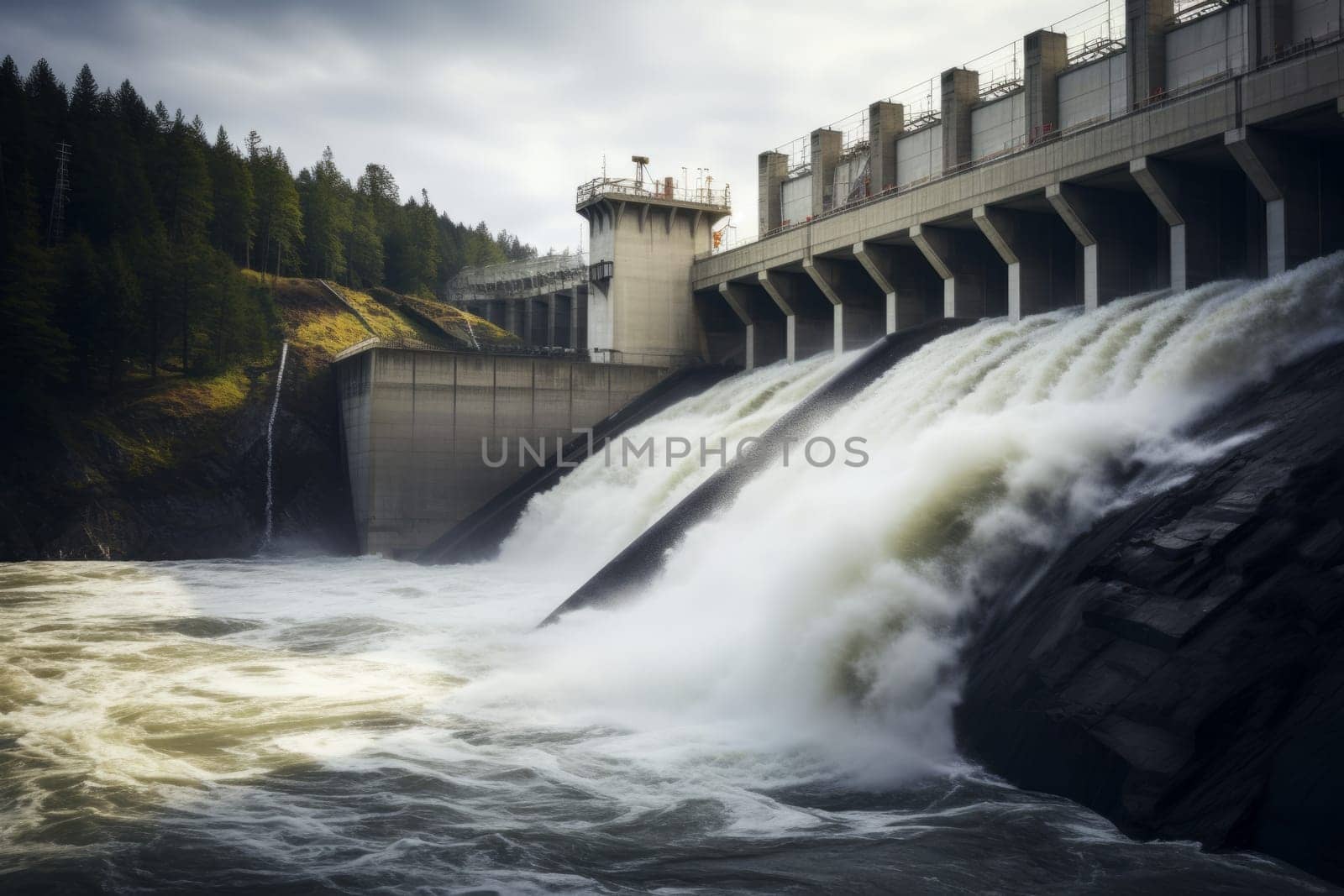 A dynamic shot of a hydroelectric dam generating clean energy from flowing water