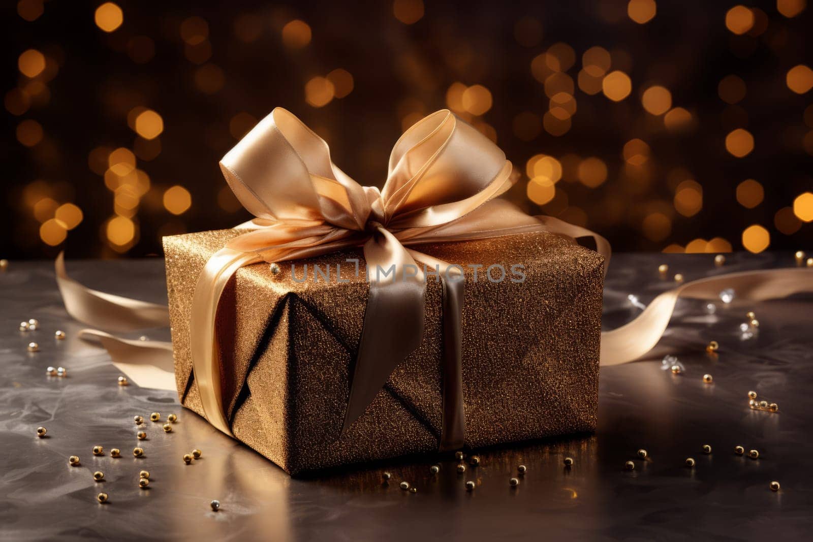A Christmas gift with a glittering metallic ribbon