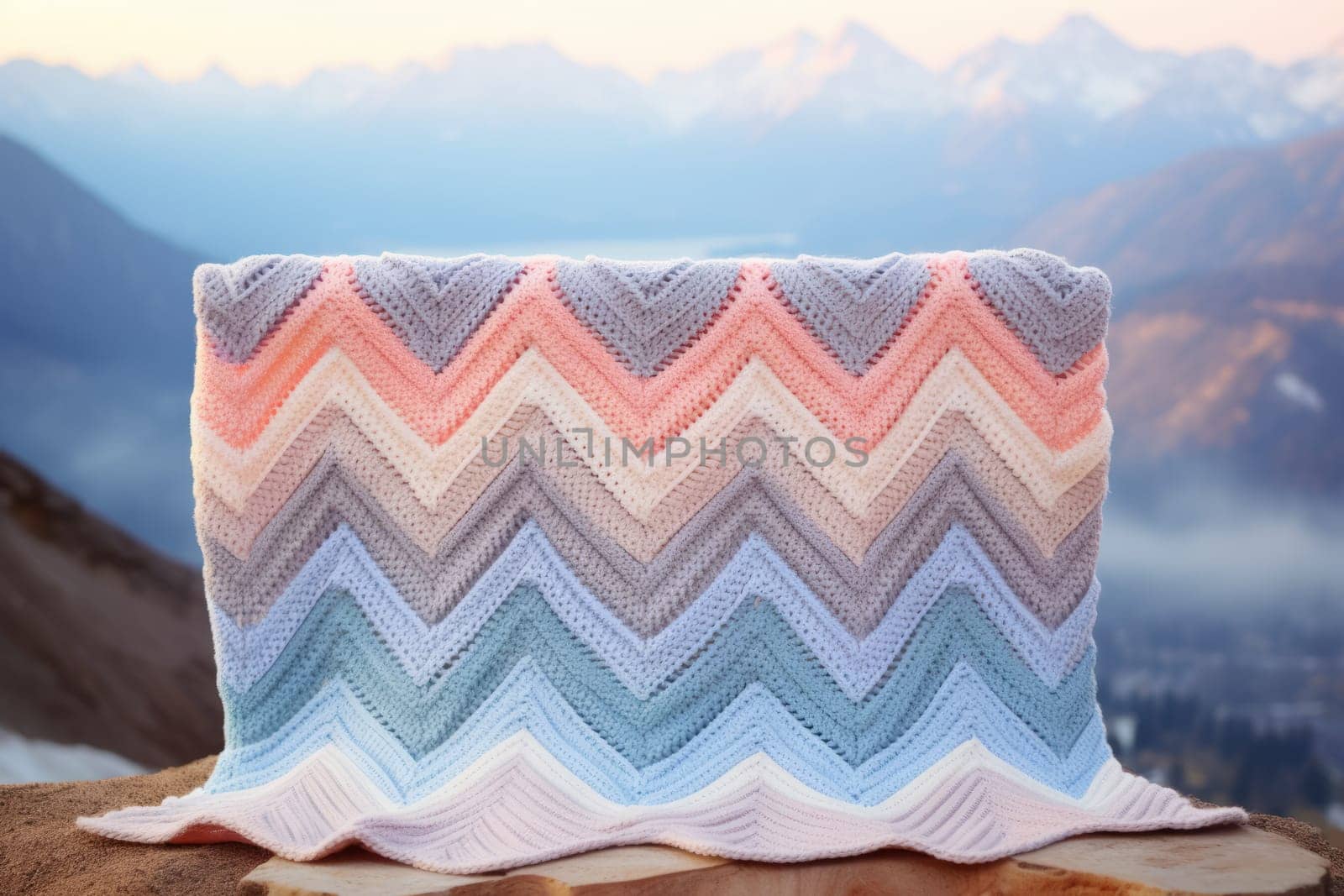 A knitted baby blanket in soft pastel hues