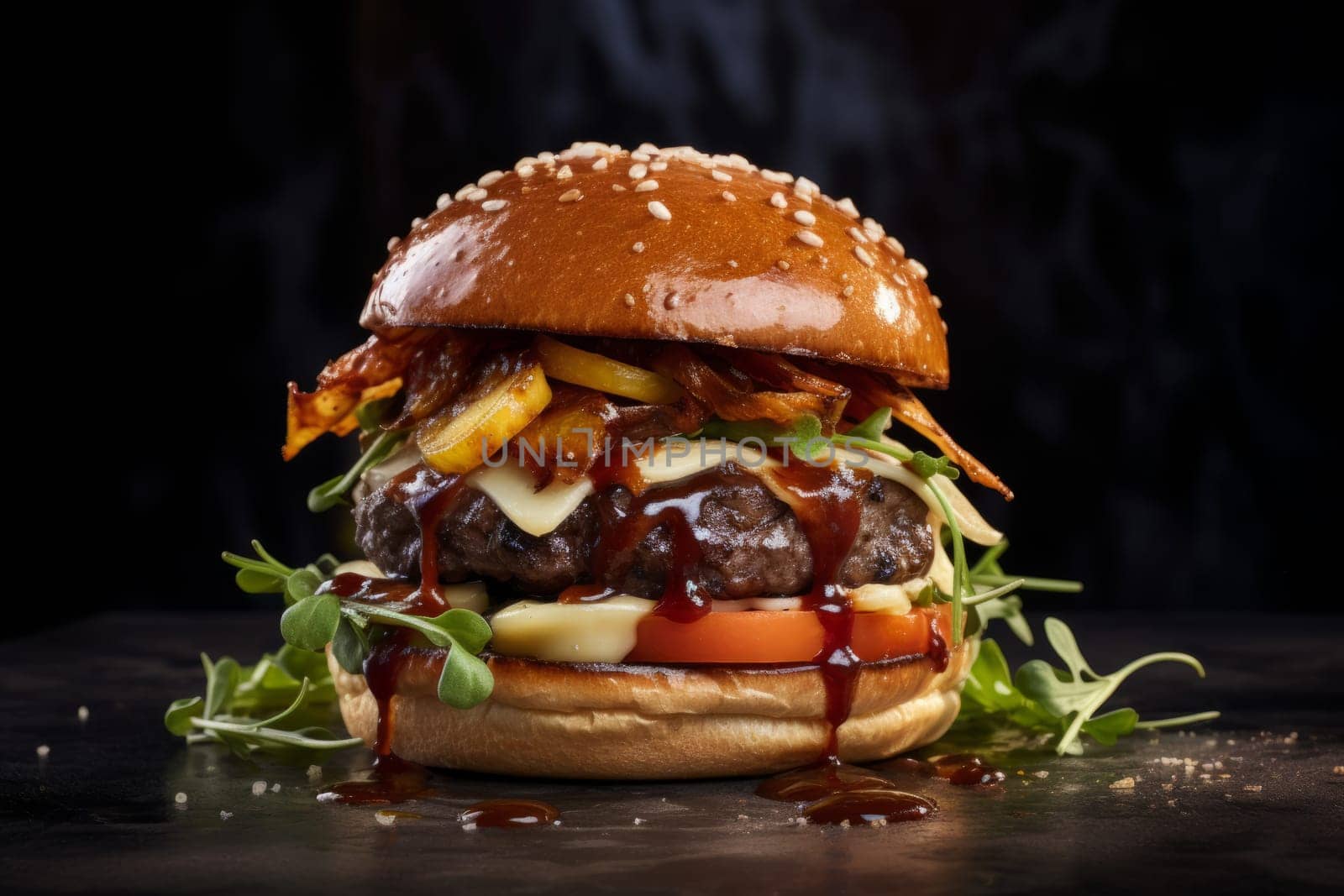 A gourmet burger with artisanal toppings and presentation