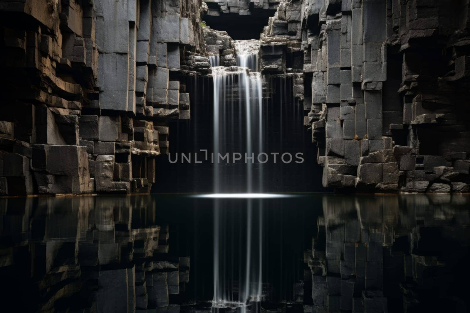 A dramatic reflection of a waterfall cascading into a deep pool