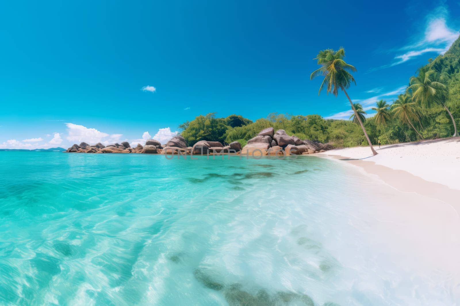 Serene beach with crystal clear waters, perfect for wanderlust themed content