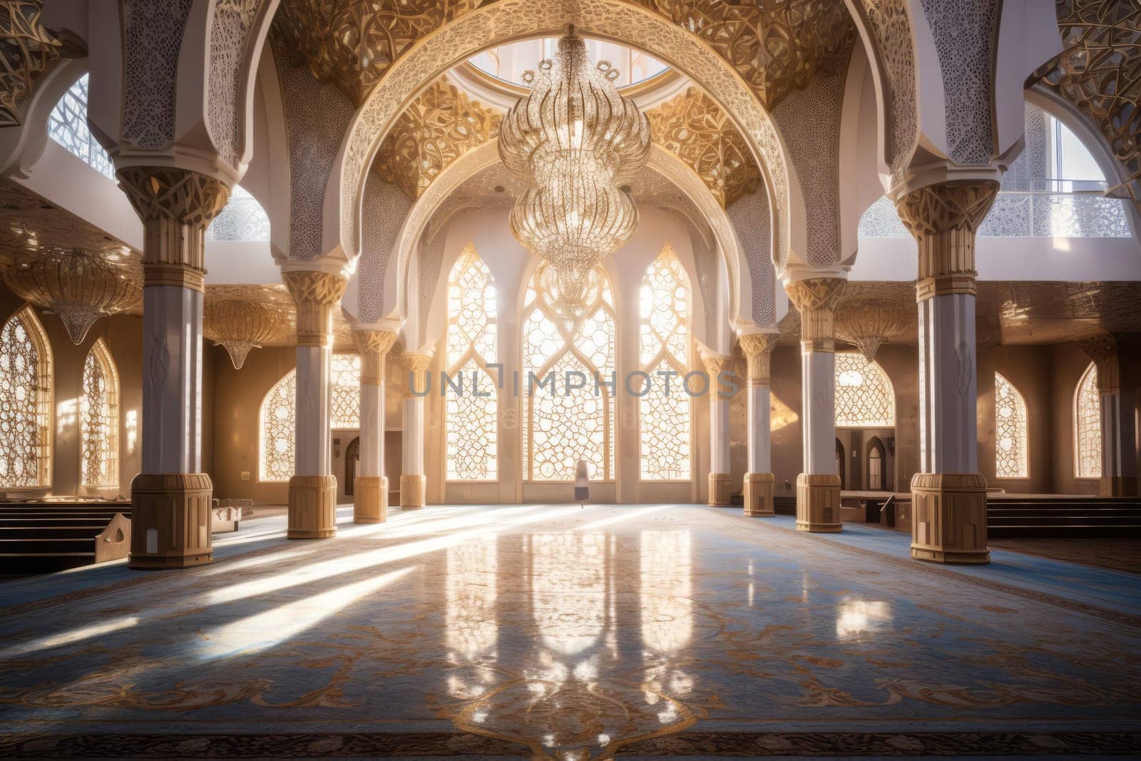 A mosque's interior beautifully adorned for Eid