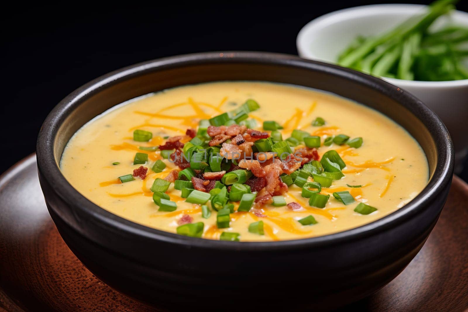 A bowl of creamy bacon and cheddar soup. Generative AI