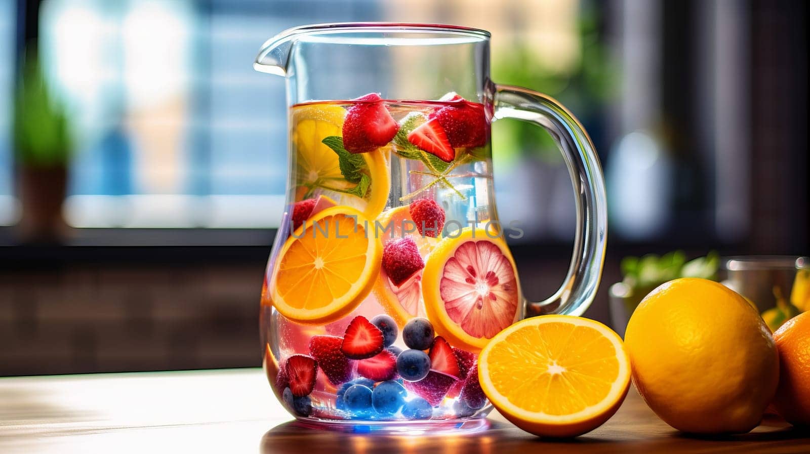Refreshing and colorful fruit infused water pitcher. Generative AI