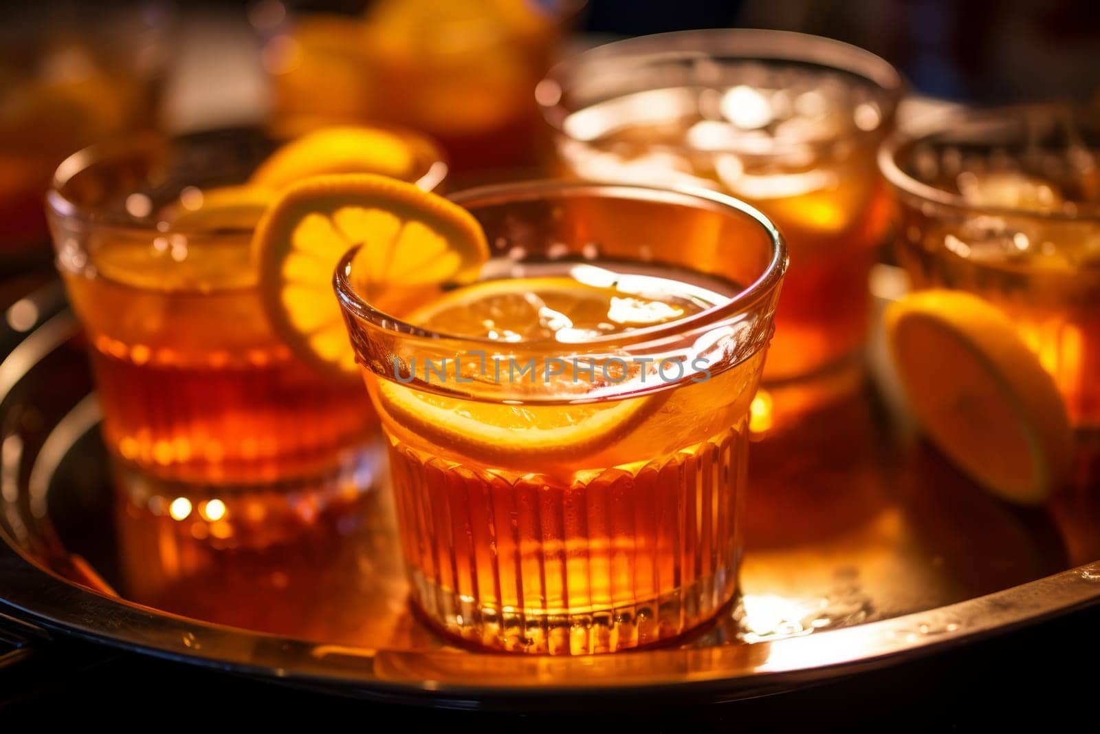 A close up of a tray of rum punch shots. Generative AI