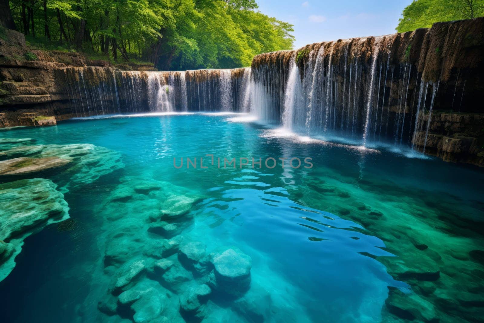 Waterfall Cascading into Clear Blue Pool. Generative AI