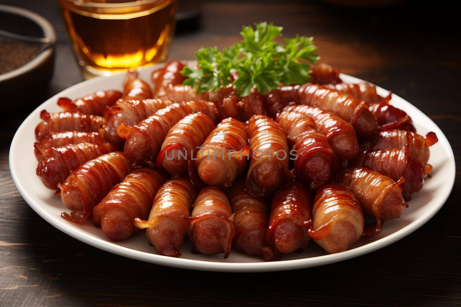 Bacon wrapped mini sausages, perfect party appetizers. Generative AI