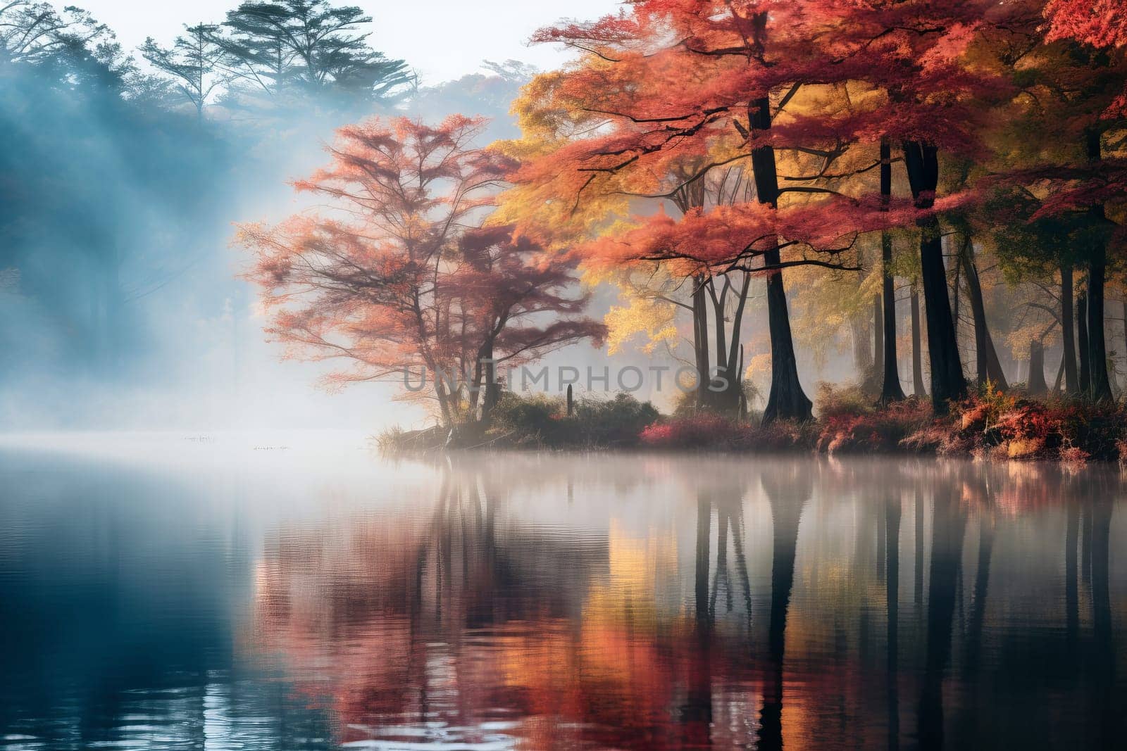 Misty Pond Surrounded by Fall Colors. Generative AI