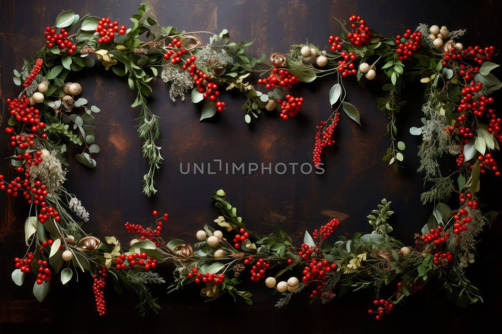 Heart shaped wreath with red berries and greenery. Generative AI