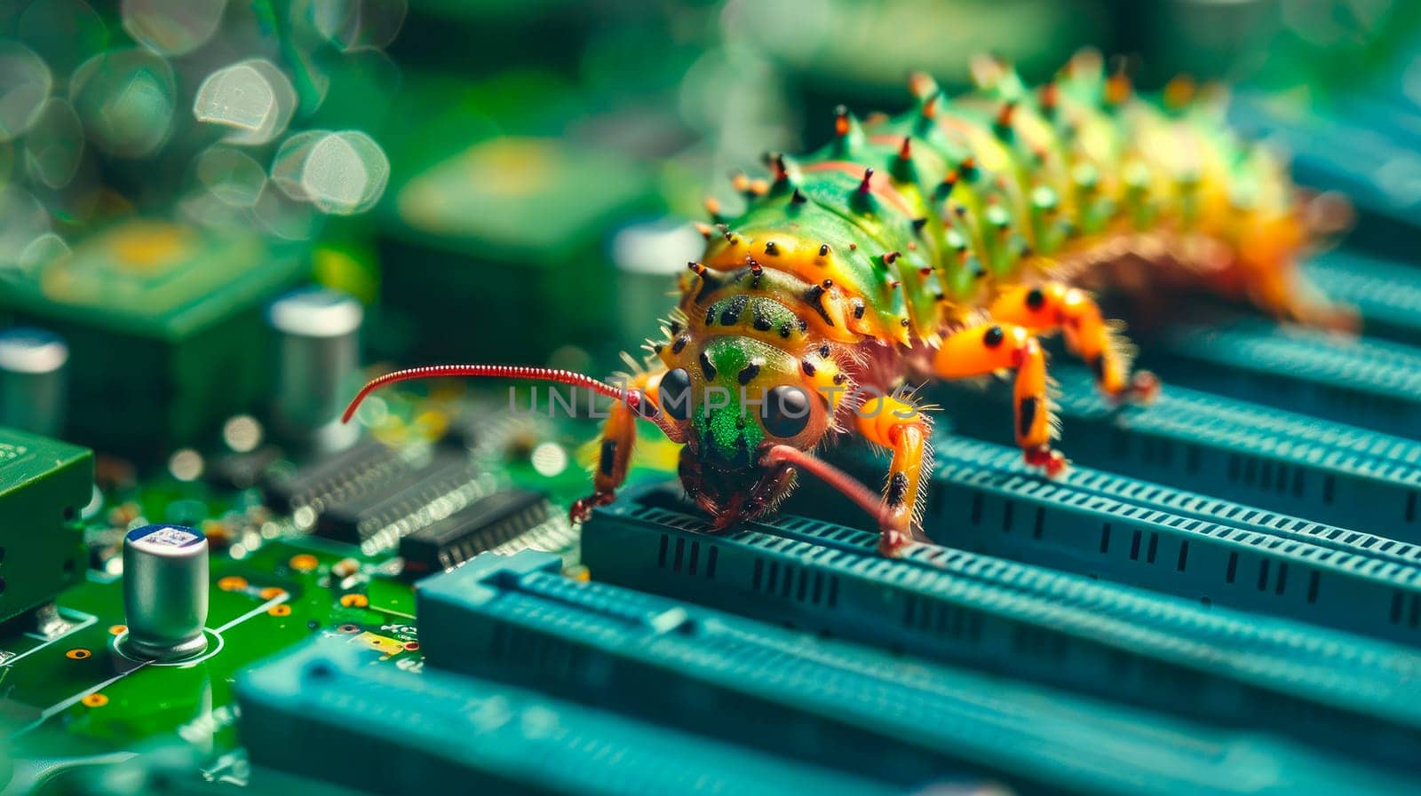 Close up of a caterpillar crawl on a computer hardware. Virus, cyber attack, malware concept. AI generated