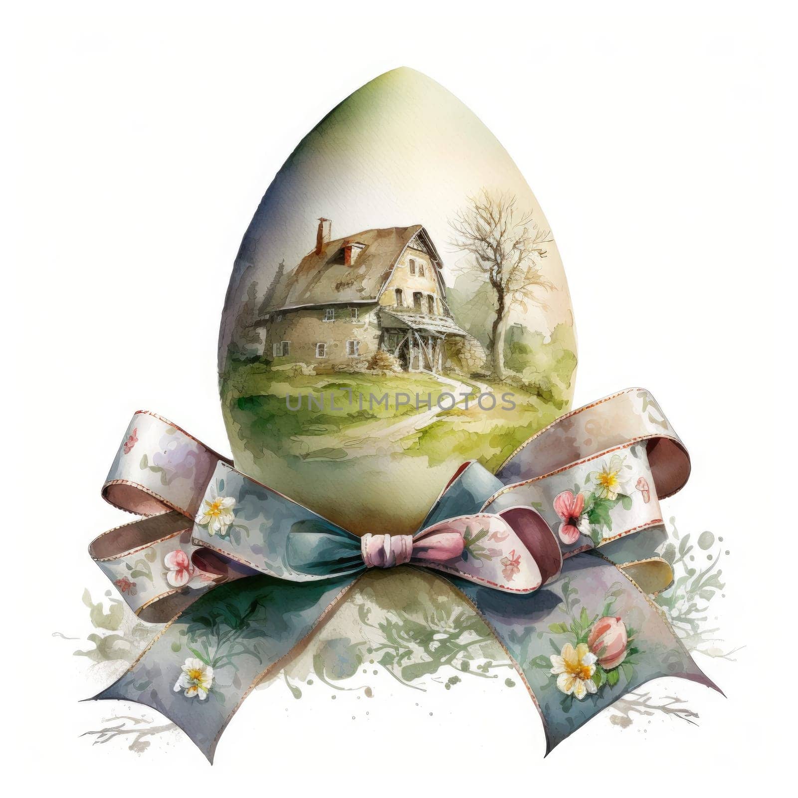 vintage easter egg with ribbon bow decoration, ai
