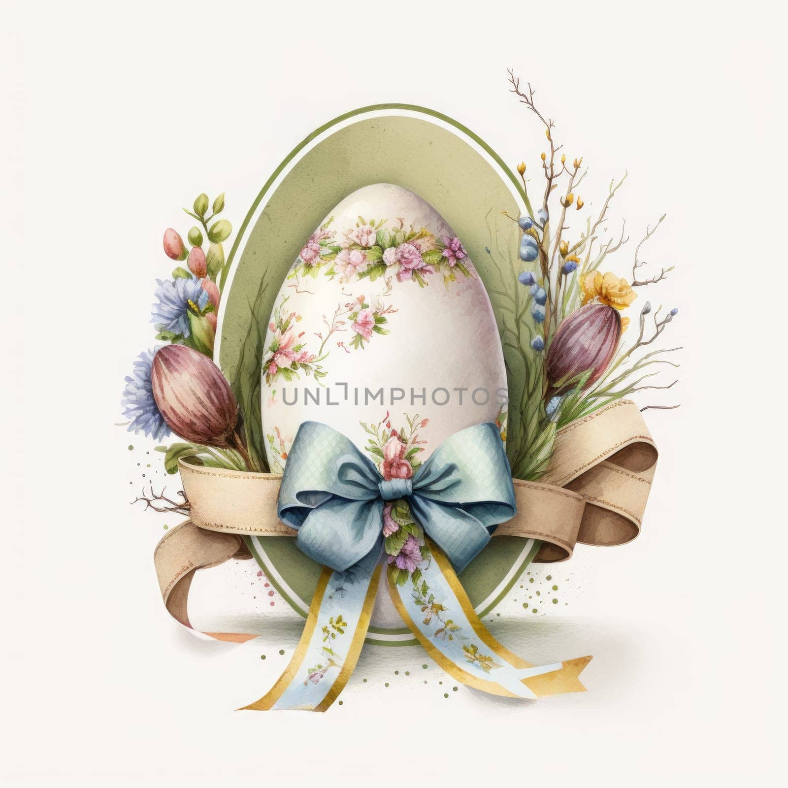 vintage easter egg with ribbon bow decoration, ai