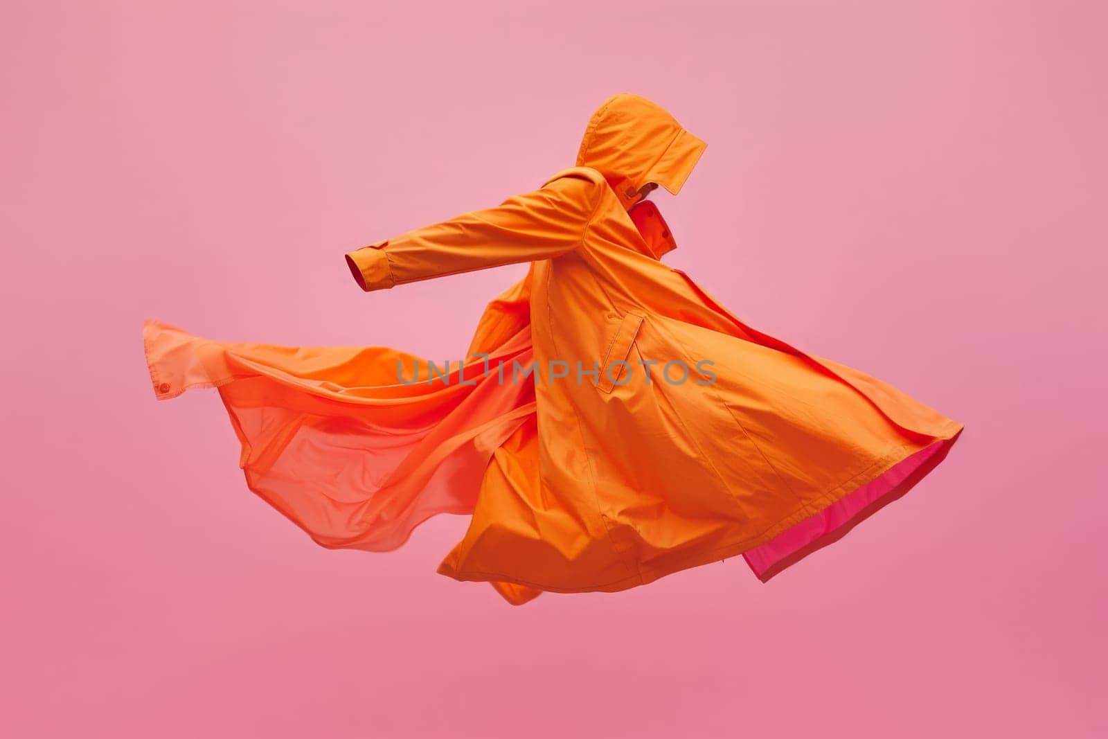 A captivating orange coat appears suspended mid-dance, exuding both warmth and style amid a soft pink canvas.