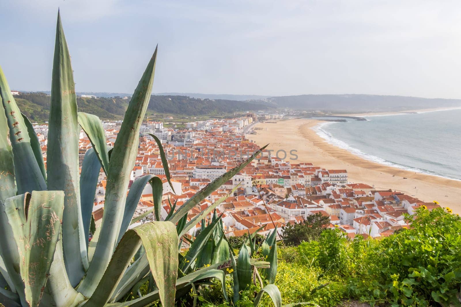 Aerial view over the red rooftops of Nazaré, Portugal, down to Nazaré Beach and the Atlantic Ocean