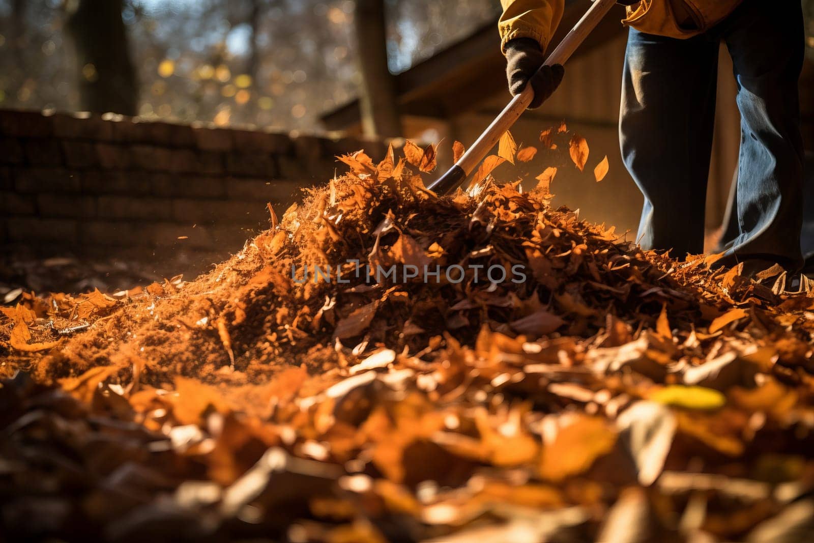 A dynamic shot of leaves being raked into a neat pile