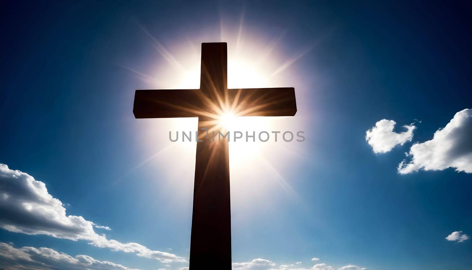 AI generated of a cross on top of a mountain with the sun behind it