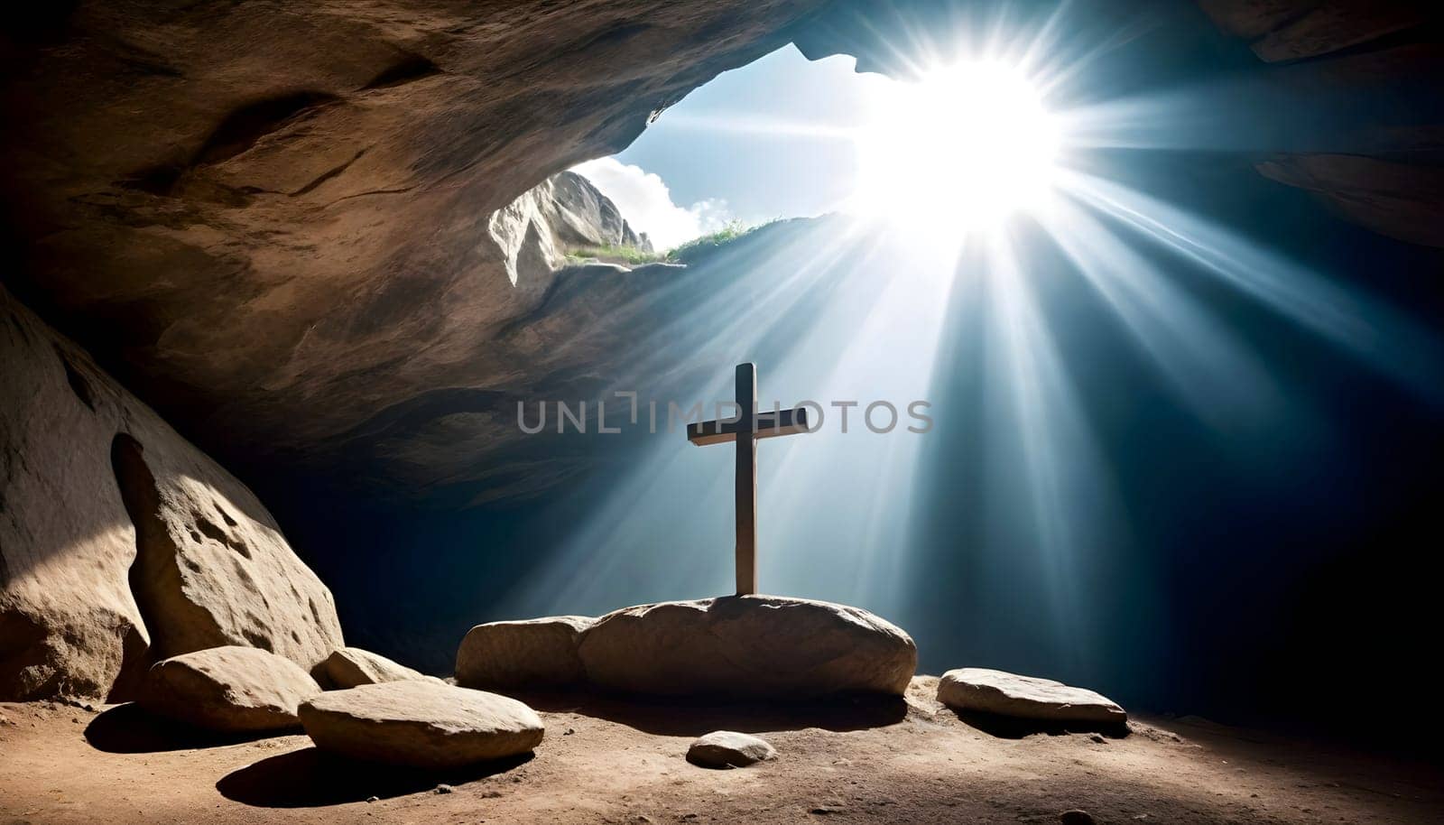 AI generated of a cross in a cave with the sun behind it
