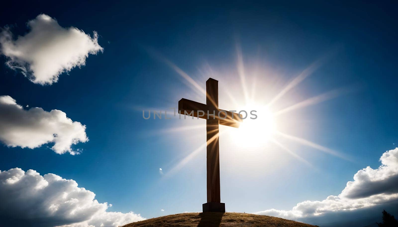 AI generated of a cross on top of a mountain with the sun behind it