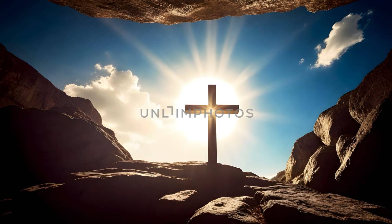 AI generated of a cross in a cave with the sun behind it