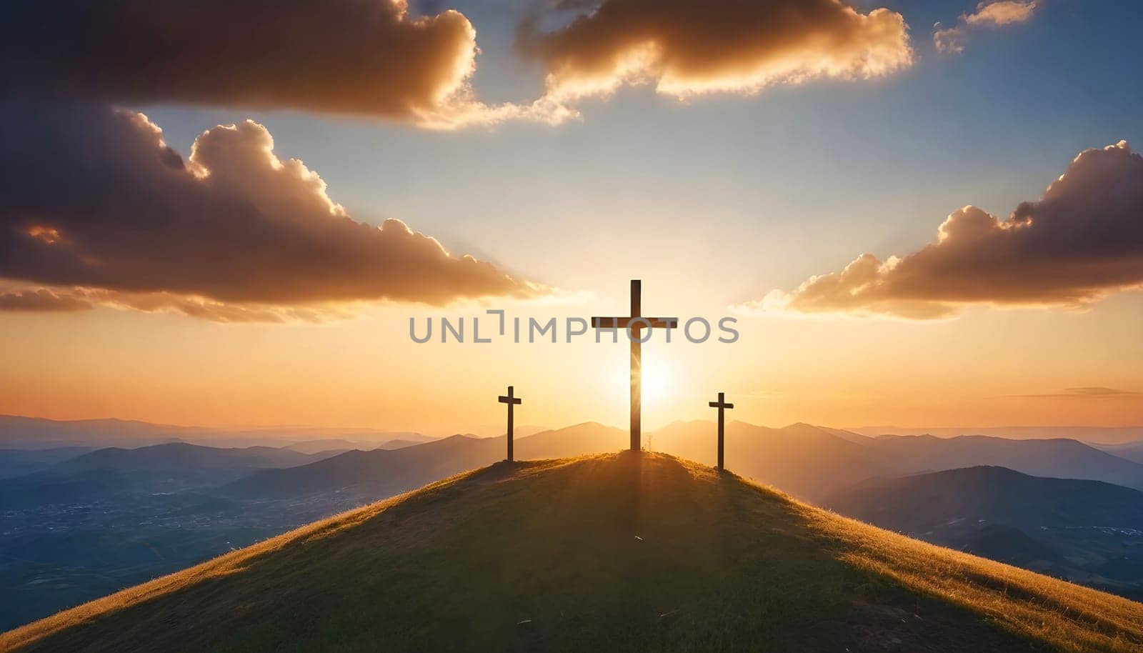AI generated of three crosses on a hill with the sun setting behind them