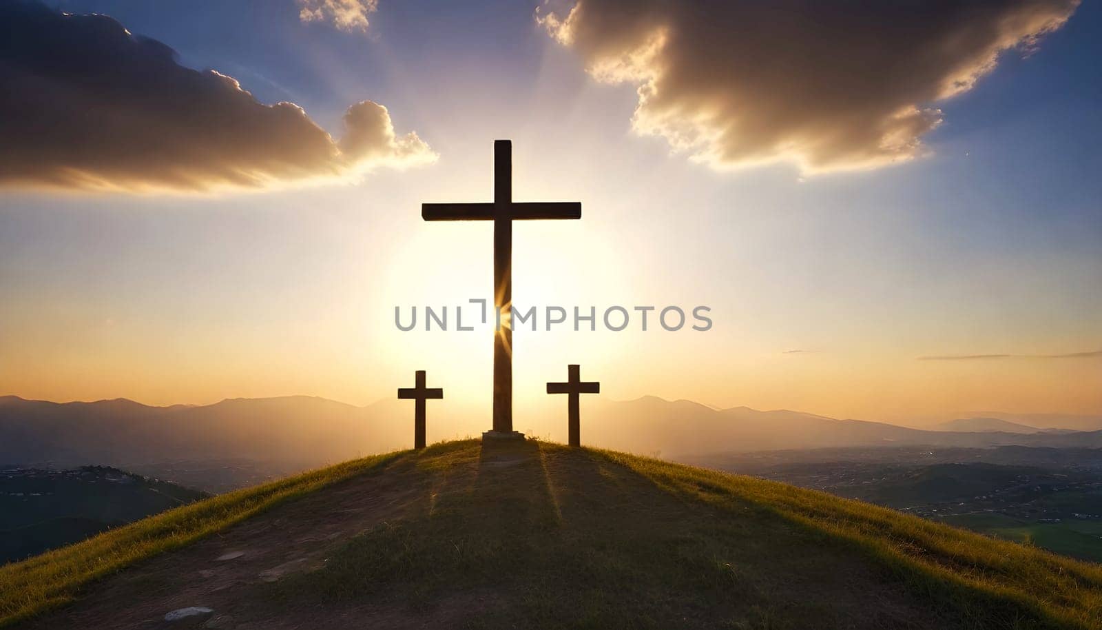 AI generated of three crosses on a hill with the sun setting behind them