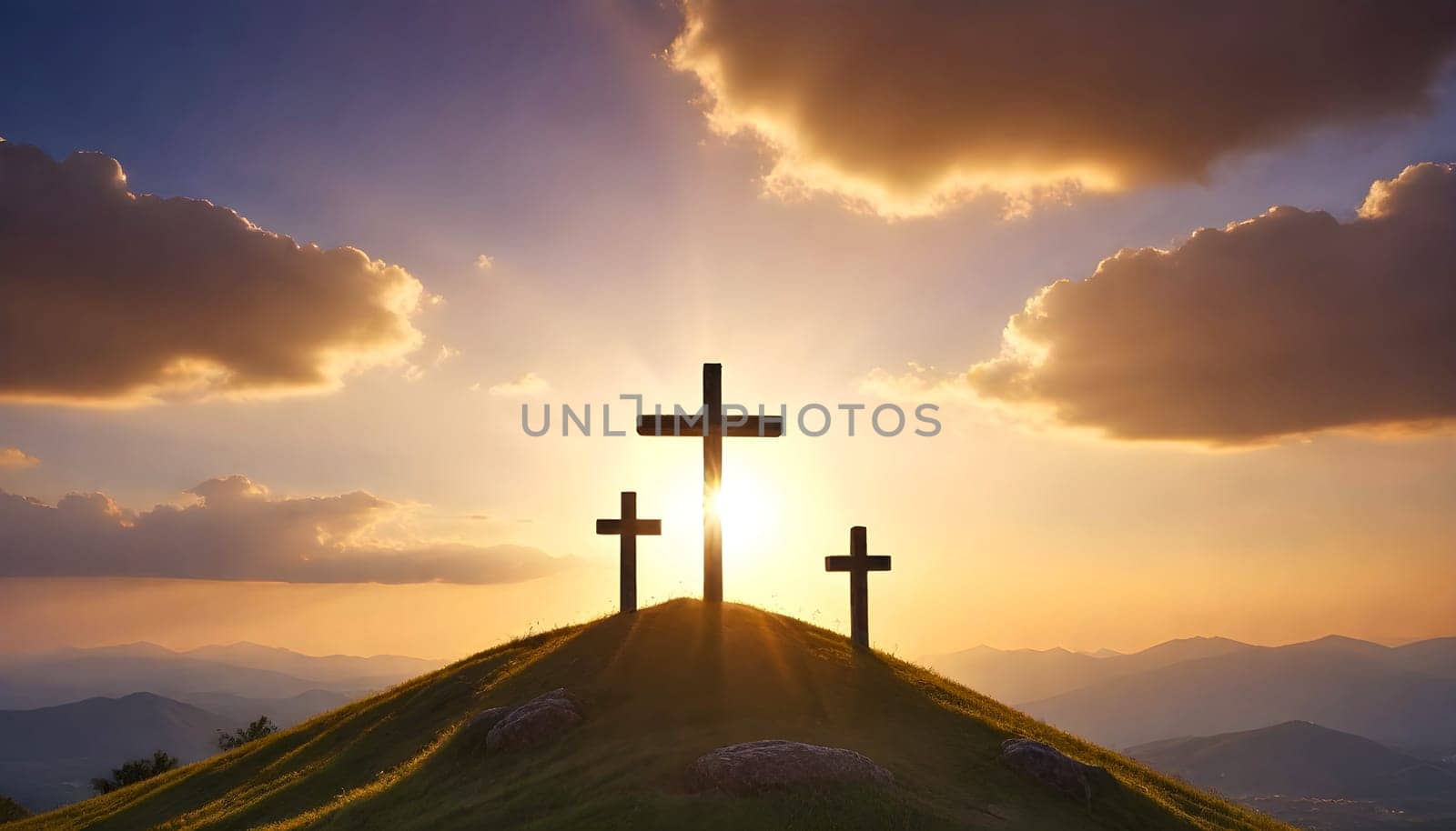 AI generated of three crosses on a hill with the sun setting behind them