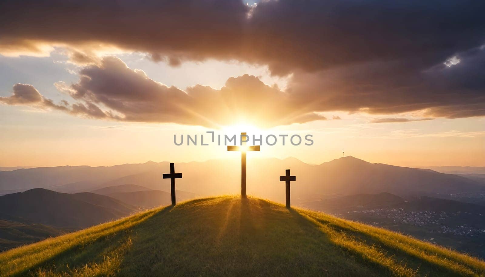 AI generated of three crosses on a hill with the sun setting behind them