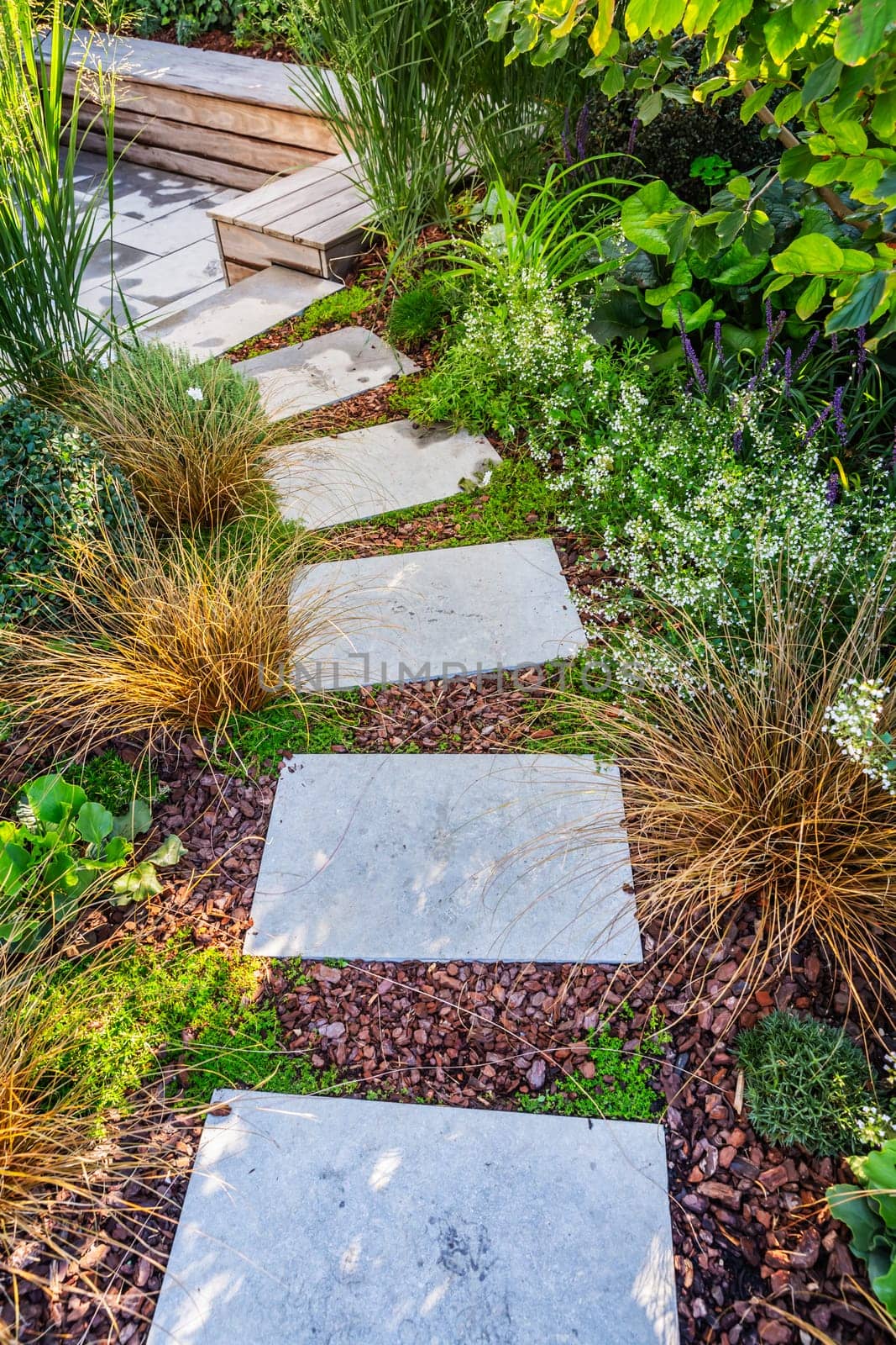 Garden path with stone slabs with bark mulch and native plants. Landscaping and gardening concept.