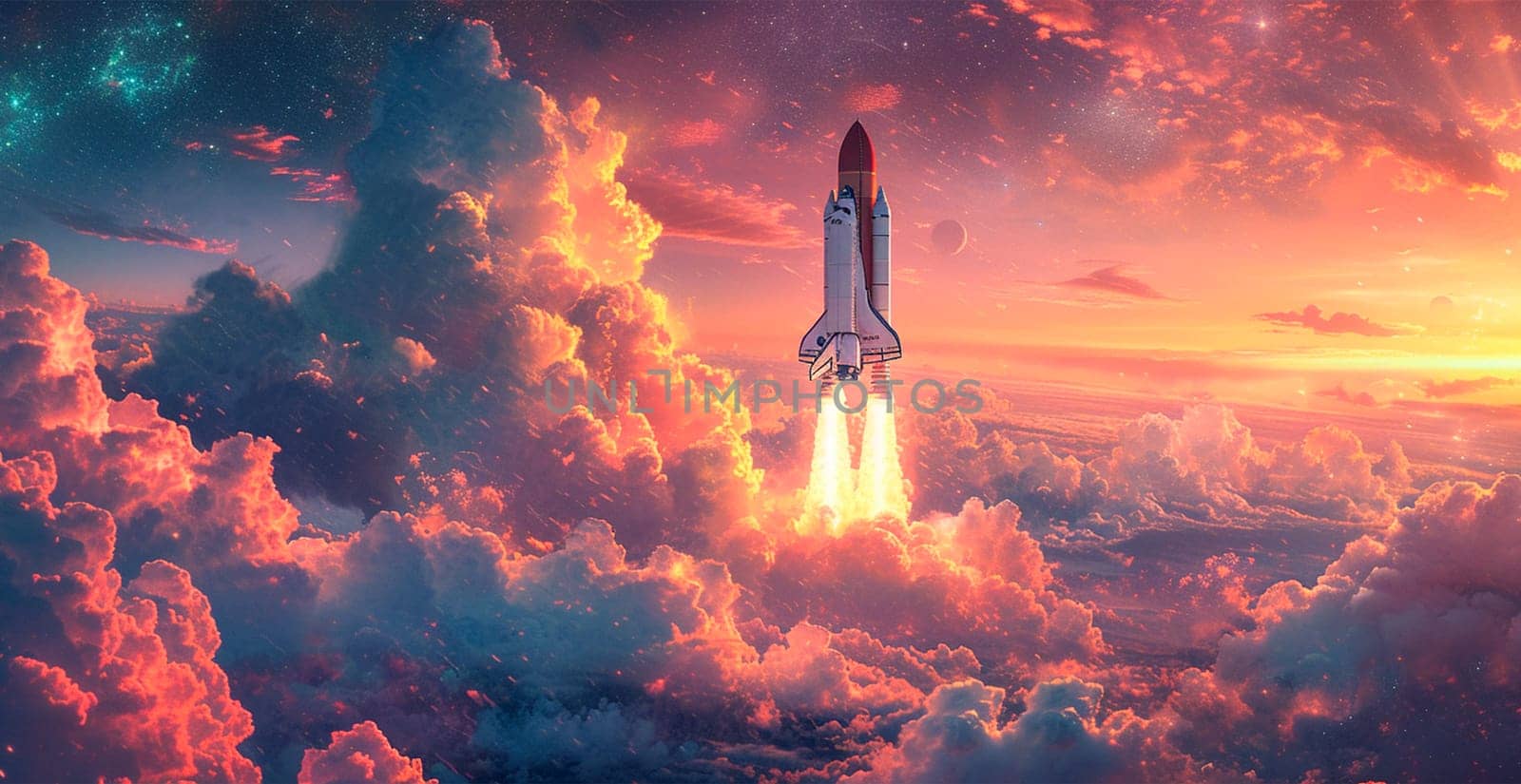 Launching a NASA spacecraft into space from Earth. Rocket flying to Mars, Moon, ISS AI generated image