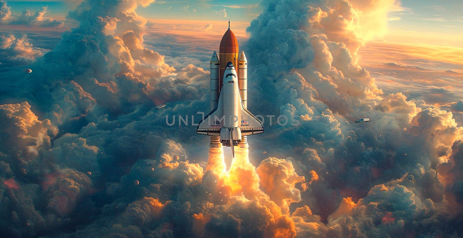 Launching a NASA spacecraft into space from Earth. Rocket flying to Mars, Moon, ISS AI generated image