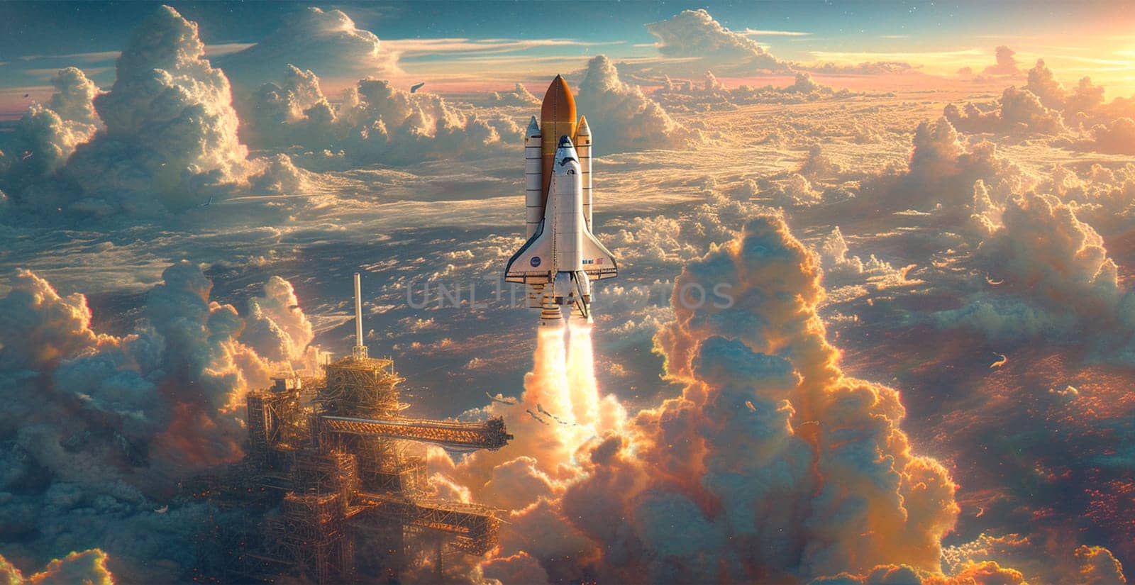 Launching a NASA spacecraft into space from Earth. Rocket flying to Mars, Moon, ISS AI generated image