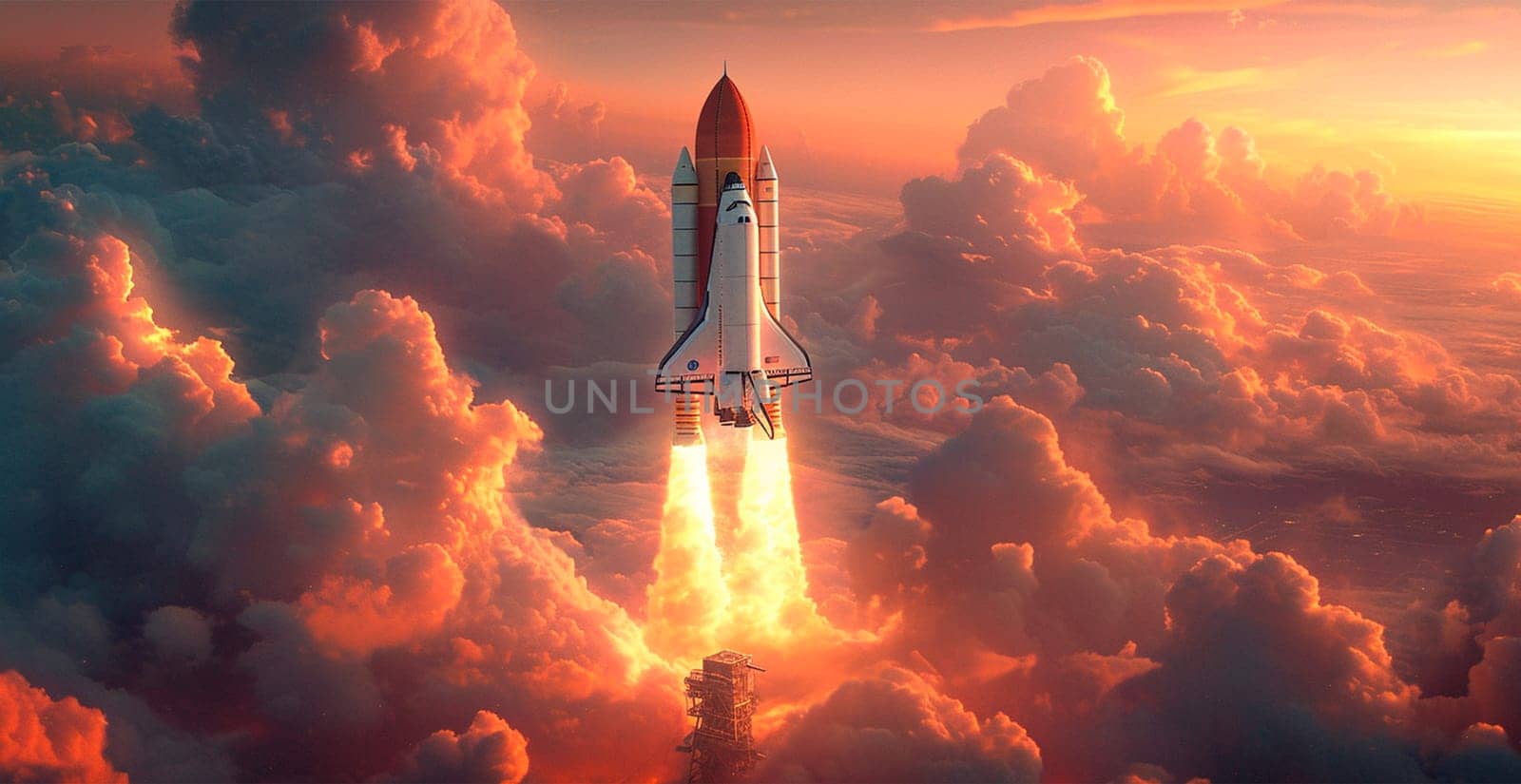 Launching a NASA spacecraft into space from Earth. Rocket flying to Mars, Moon, ISS AI generated image