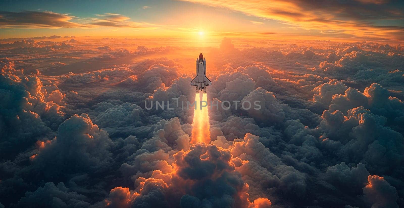 Launching a NASA spacecraft into space from Earth. Rocket flying to Mars, Moon, ISS AI generated image
