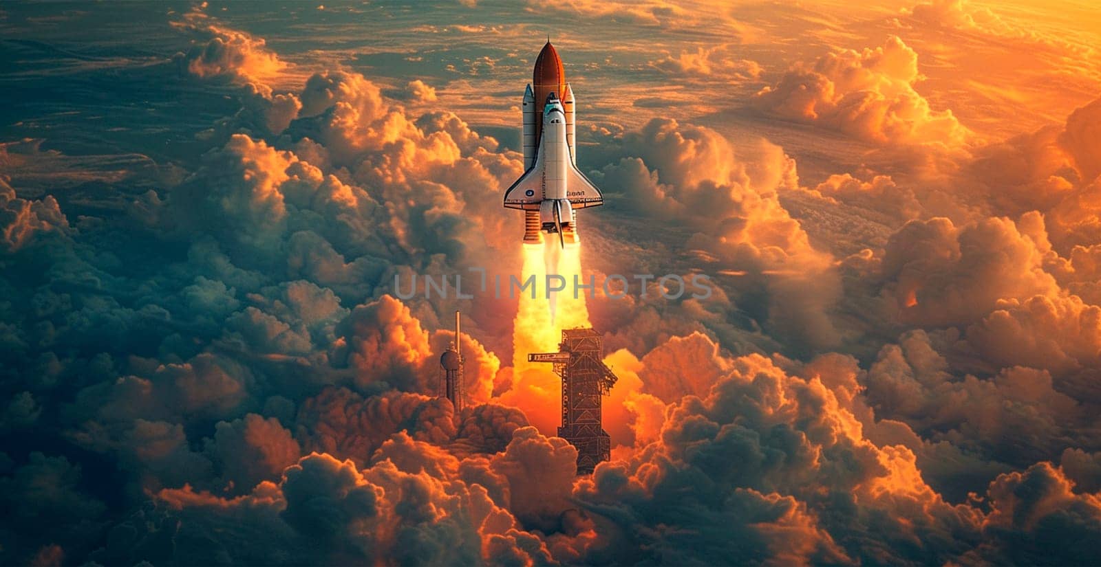 Launching a NASA spacecraft into space from Earth. Rocket flying to Mars, Moon, ISS AI generated image