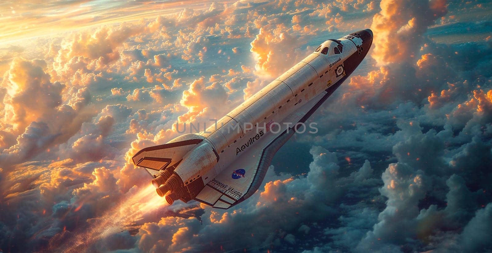 Launching a NASA spacecraft into space from Earth. Rocket flying to Mars, Moon, ISS AI generated image