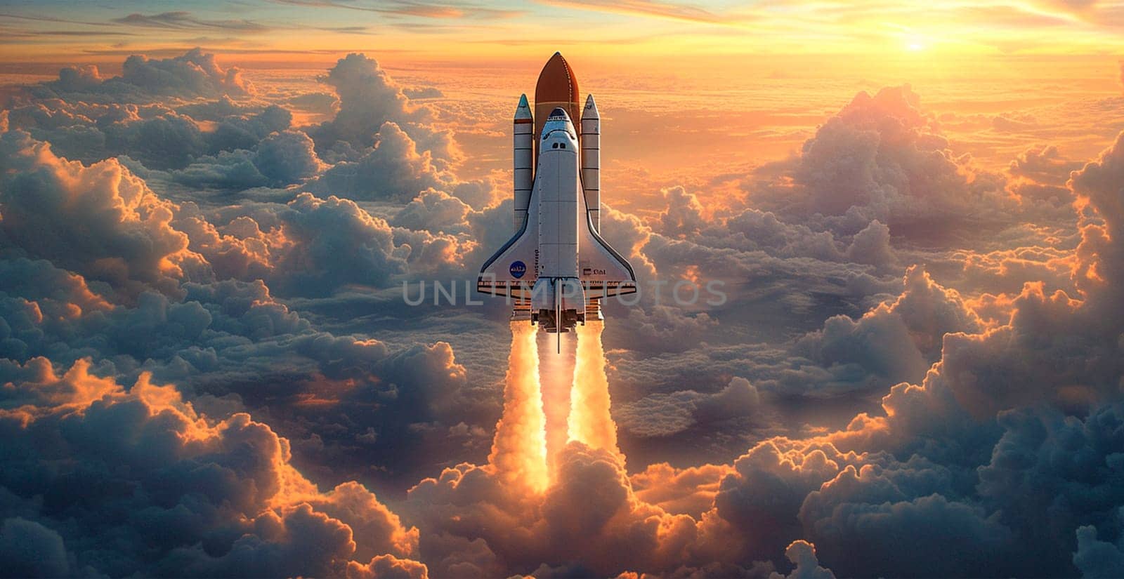 Launching a NASA spacecraft into space from Earth. Rocket flying to Mars, Moon, ISS AI generated image