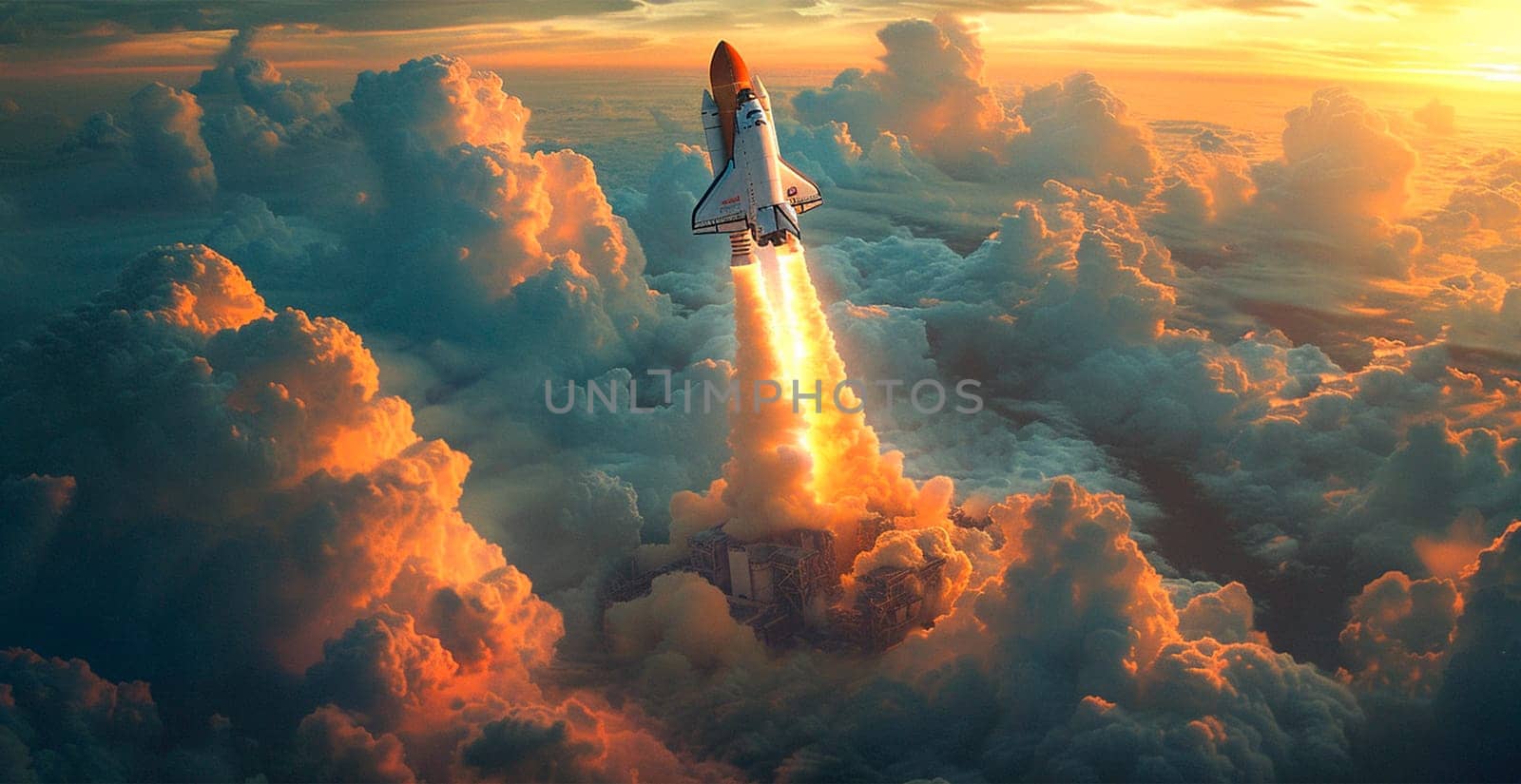 Launching a NASA spacecraft into space from Earth. Rocket flying to Mars, Moon, ISS AI generated image